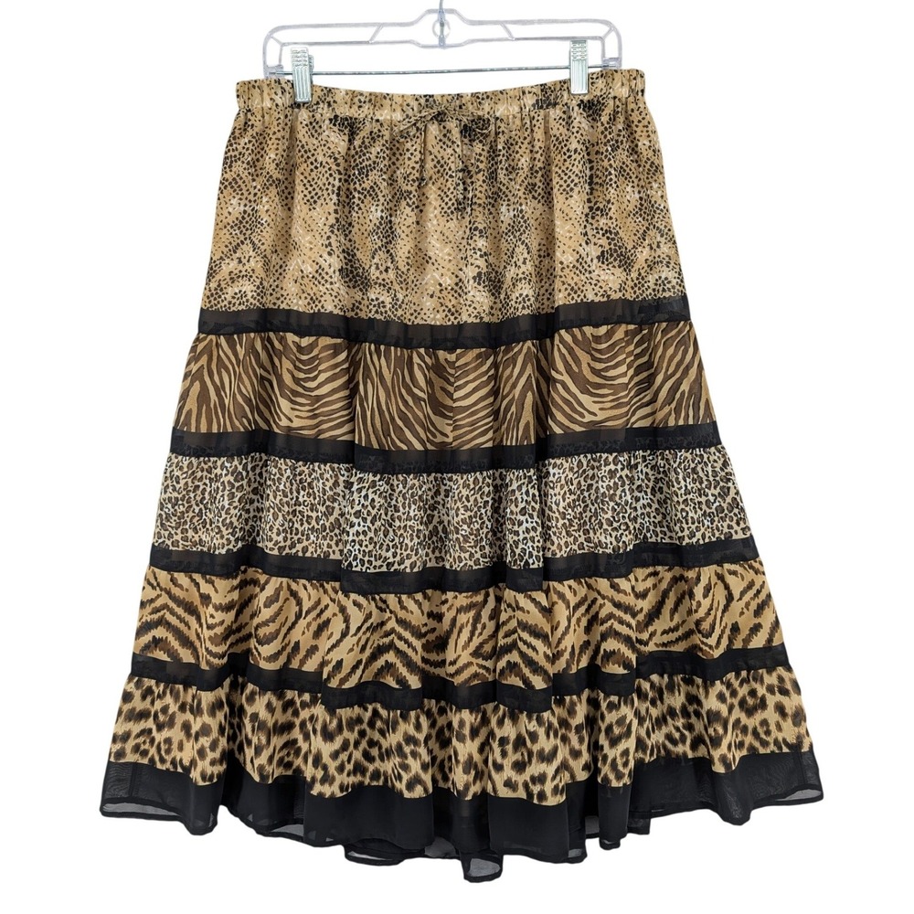 Womens 16 Tiered Animal Print Midi Skirt Leopard Zebra Chiffon Exotic Safari